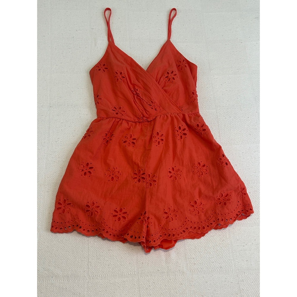 Blue Rain Orange Red Eyelet coquette Romper Small cottage core Scallop Hem